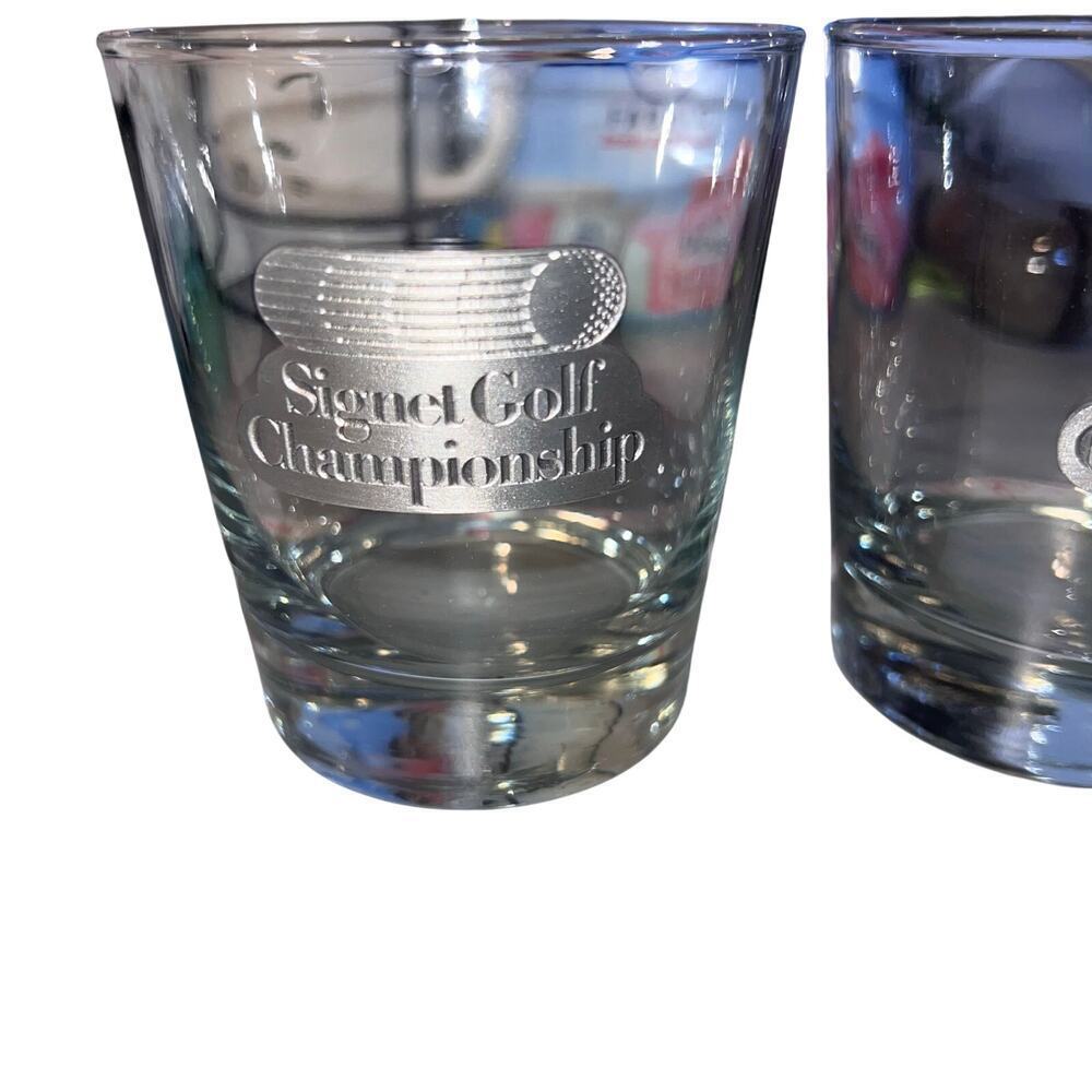 Signet golf championship engraved silvertone plaque set of four whiskey glasses‎
